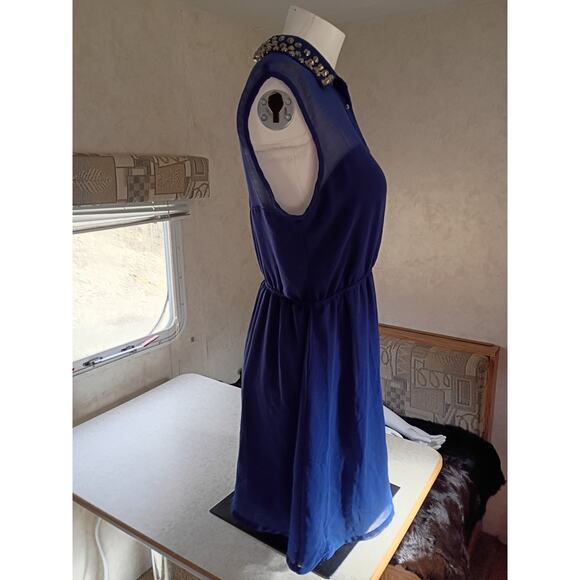 Forever 21 Studded Collar Sheer Navy Mini Dress Large Edgy Party Nightout Retro - Picture 12 of 12